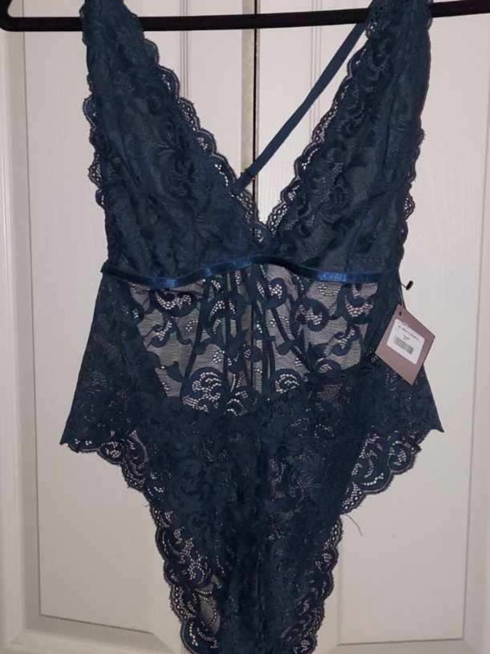 NWT Beautiful Navy Lace Plunge Teddy with Scalloped Trim